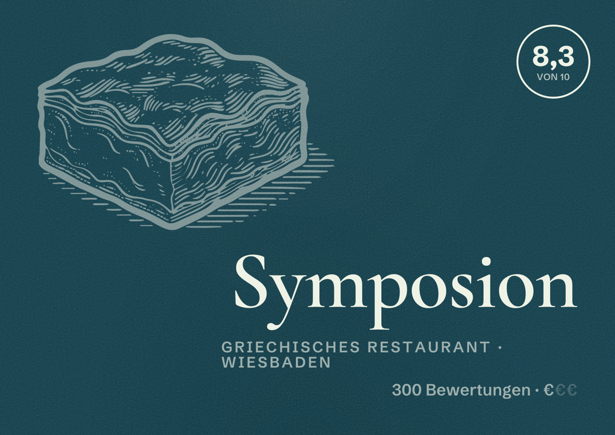 Illustriertes Poster von Symposion, Griechisches Restaurant in Wiesbaden: Bewertung 8,3 von 10 aus 300 Bewertungen, Preisniveau €