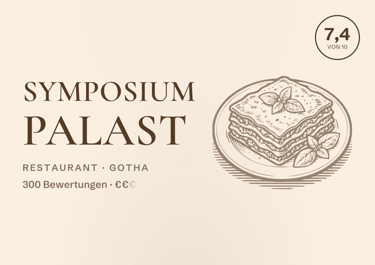 Illustriertes Poster von Symposium Palast, Restaurant in Gotha: Bewertung 7,4 von 10 aus 300 Bewertungen, Preisniveau €€