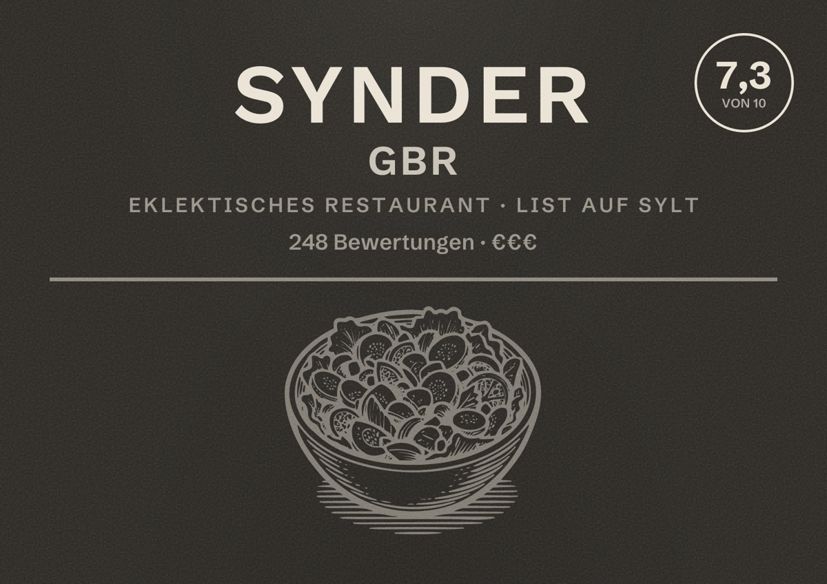 Illustriertes Poster von Synder Gbr, Eklektisches Restaurant in List auf Sylt: Bewertung 7,3 von 10 aus 248 Bewertungen, Preisniveau €€€