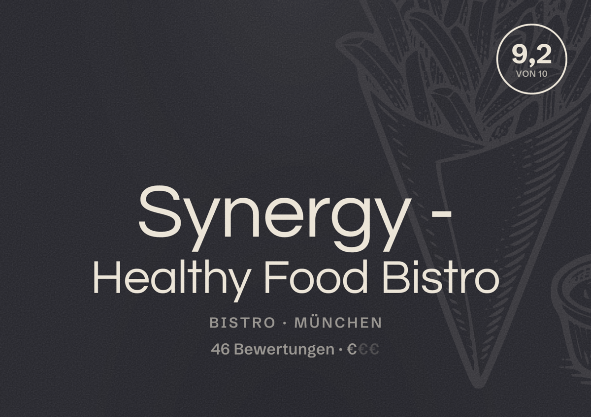 Illustriertes Poster von Synergy - Healthy Food Bistro, Bistro in München: Bewertung 9,2 von 10 aus 46 Bewertungen, Preisniveau €