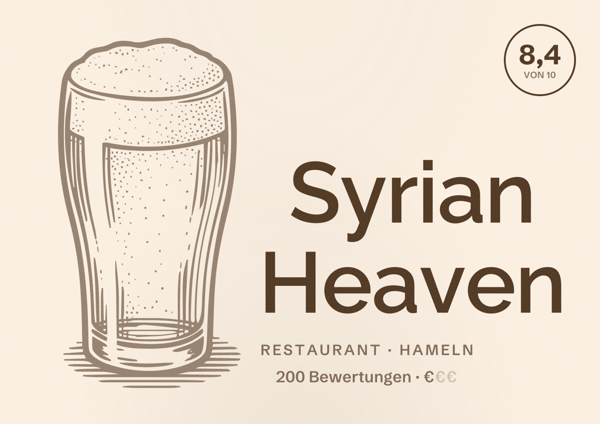 Illustriertes Poster von Syrian Heaven, Restaurant in Hameln: Bewertung 8,4 von 10 aus 200 Bewertungen, Preisniveau €