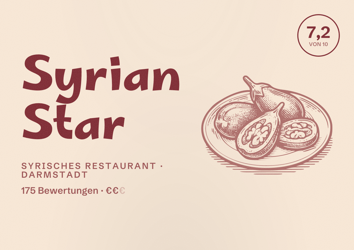 Illustriertes Poster von Syrian Star, Syrisches Restaurant in Darmstadt: Bewertung 7,2 von 10 aus 175 Bewertungen, Preisniveau €€