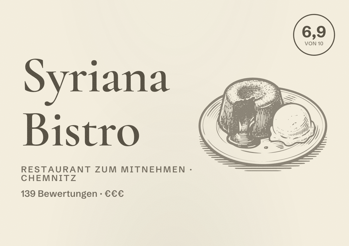 Illustriertes Poster von Syriana Bistro, Restaurant zum Mitnehmen in Chemnitz: Bewertung 6,9 von 10 aus 139 Bewertungen, Preisniveau €€€