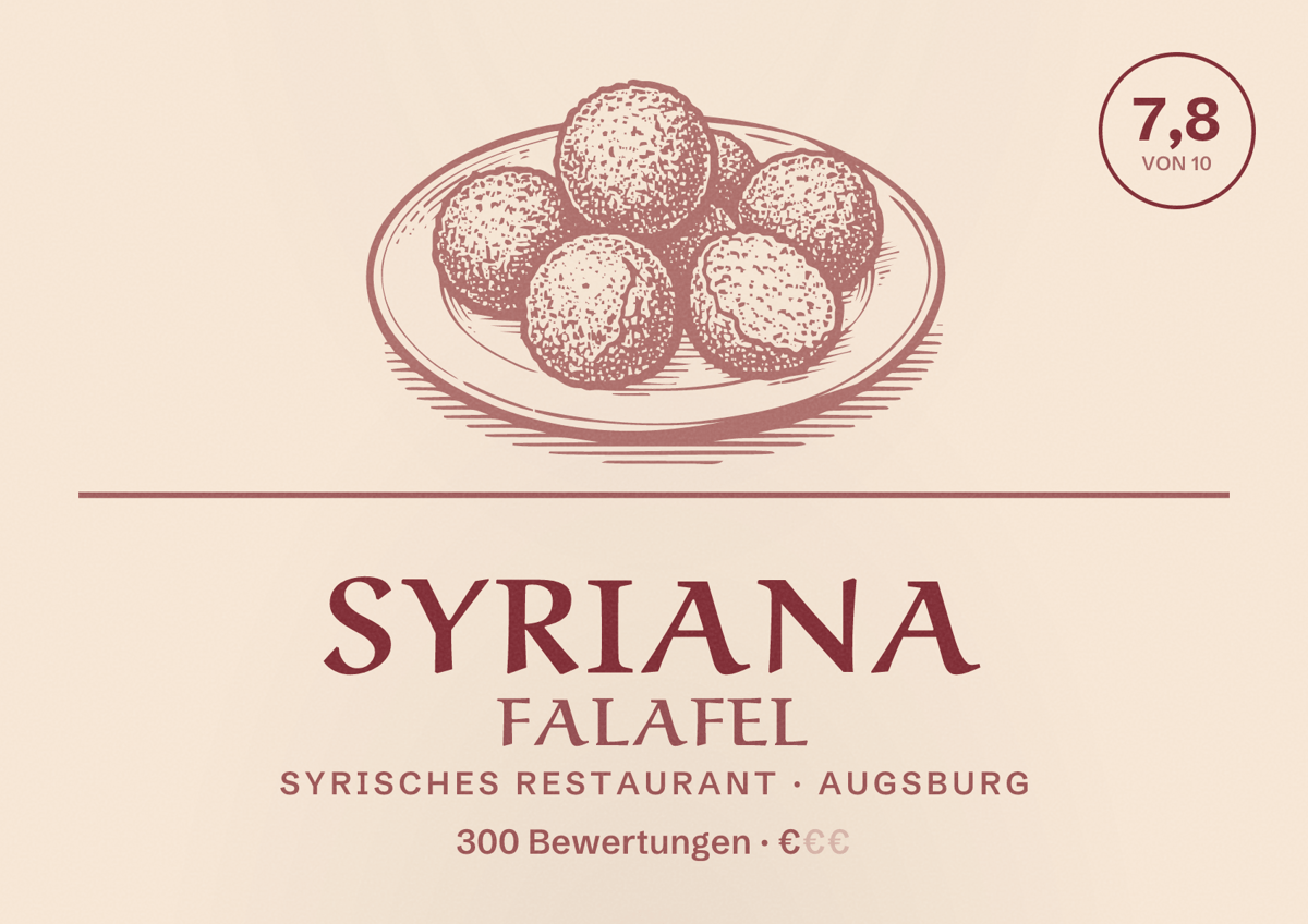 Illustriertes Poster von Syriana Falafel, Syrisches Restaurant in Augsburg: Bewertung 7,8 von 10 aus 300 Bewertungen, Preisniveau €