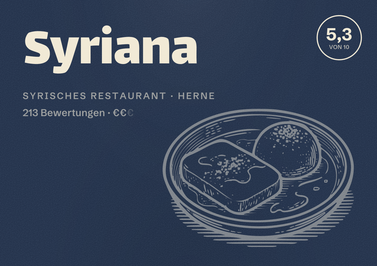 Illustriertes Poster von Syriana, Syrisches Restaurant in Herne: Gästebewertung 5,3 von 10 aus 213 Bewertungen