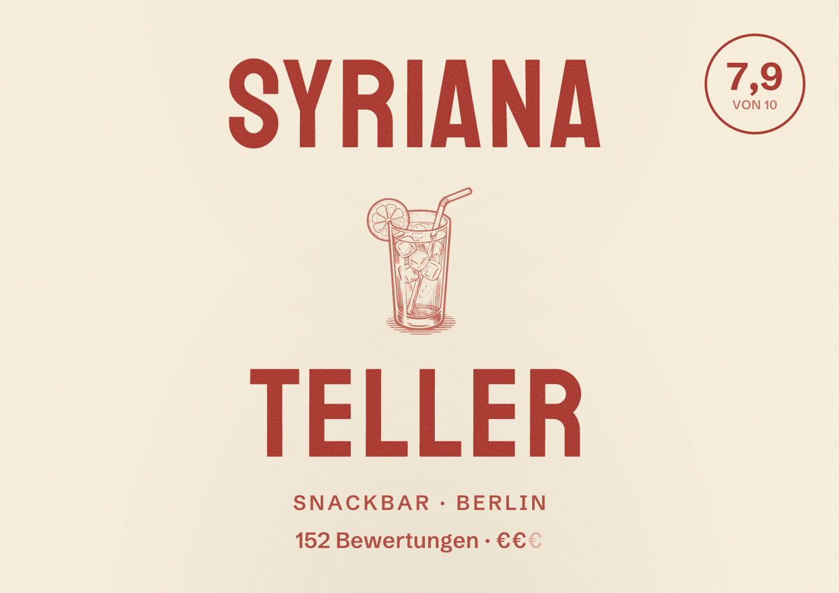 Illustriertes Poster von Syriana Teller, Snackbar in Berlin: Bewertung 7,9 von 10 aus 152 Bewertungen, Preisniveau €€