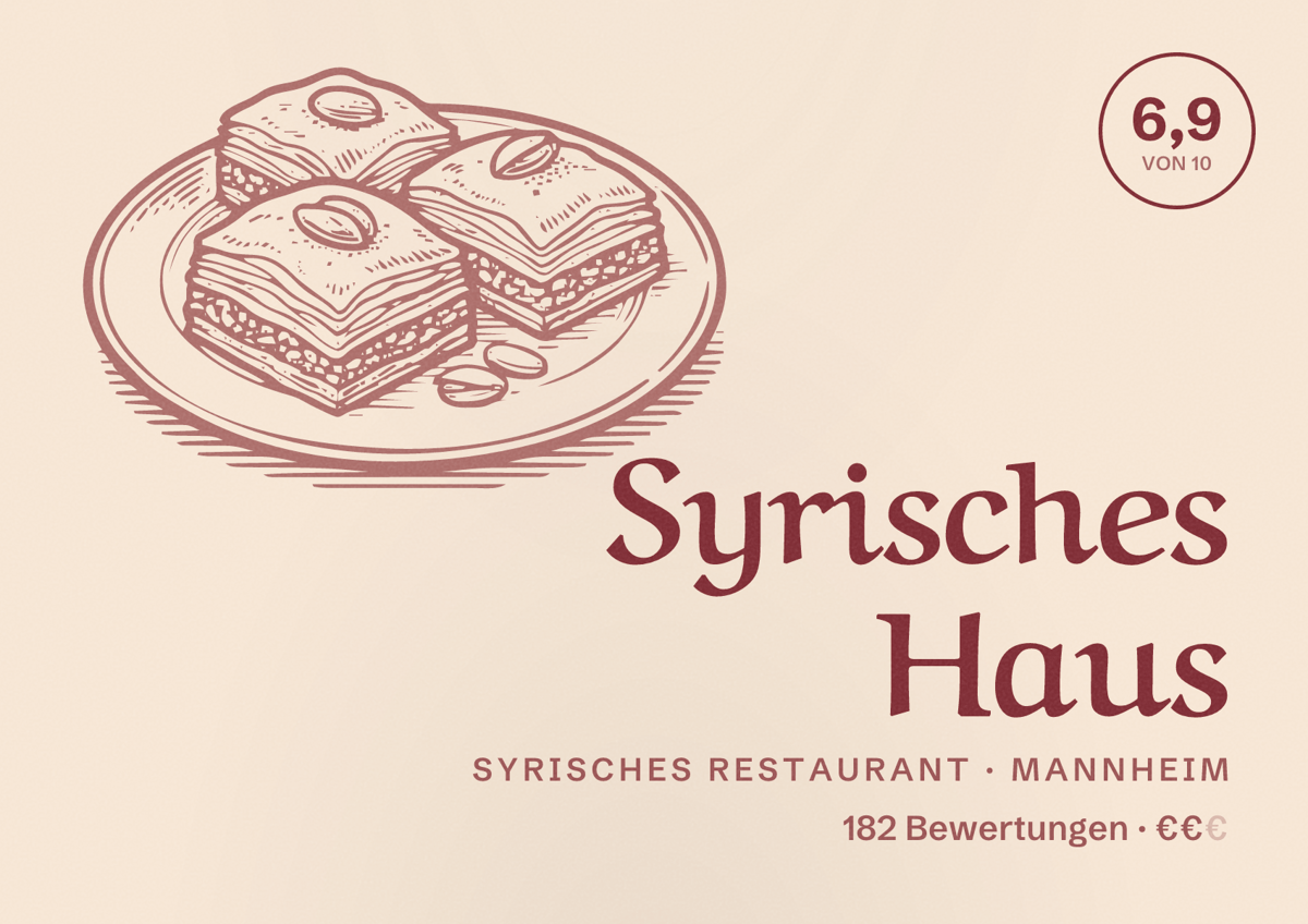 Illustriertes Poster von Syrisches Haus, Syrisches Restaurant in Mannheim: Bewertung 6,9 von 10 aus 182 Bewertungen, Preisniveau €€