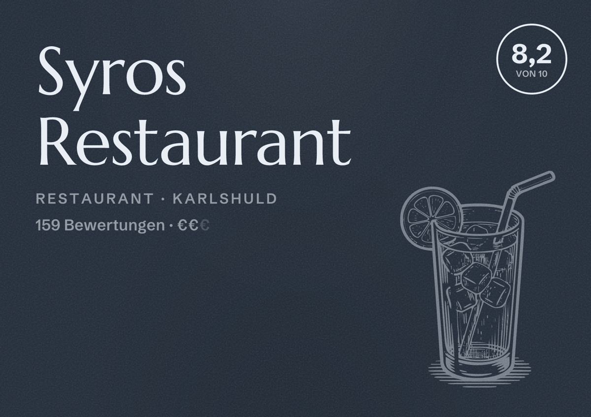 Illustriertes Poster von Syros Restaurant, Restaurant in Karlshuld: Bewertung 8,2 von 10 aus 159 Bewertungen, Preisniveau €€
