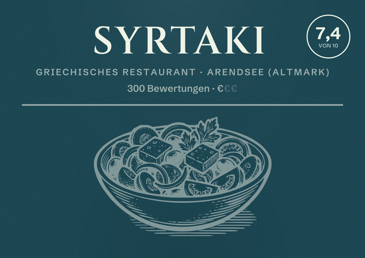 Illustriertes Poster von SYRTAKI, Griechisches Restaurant in Arendsee (Altmark): Bewertung 7,4 von 10 aus 300 Bewertungen, Preisniveau €