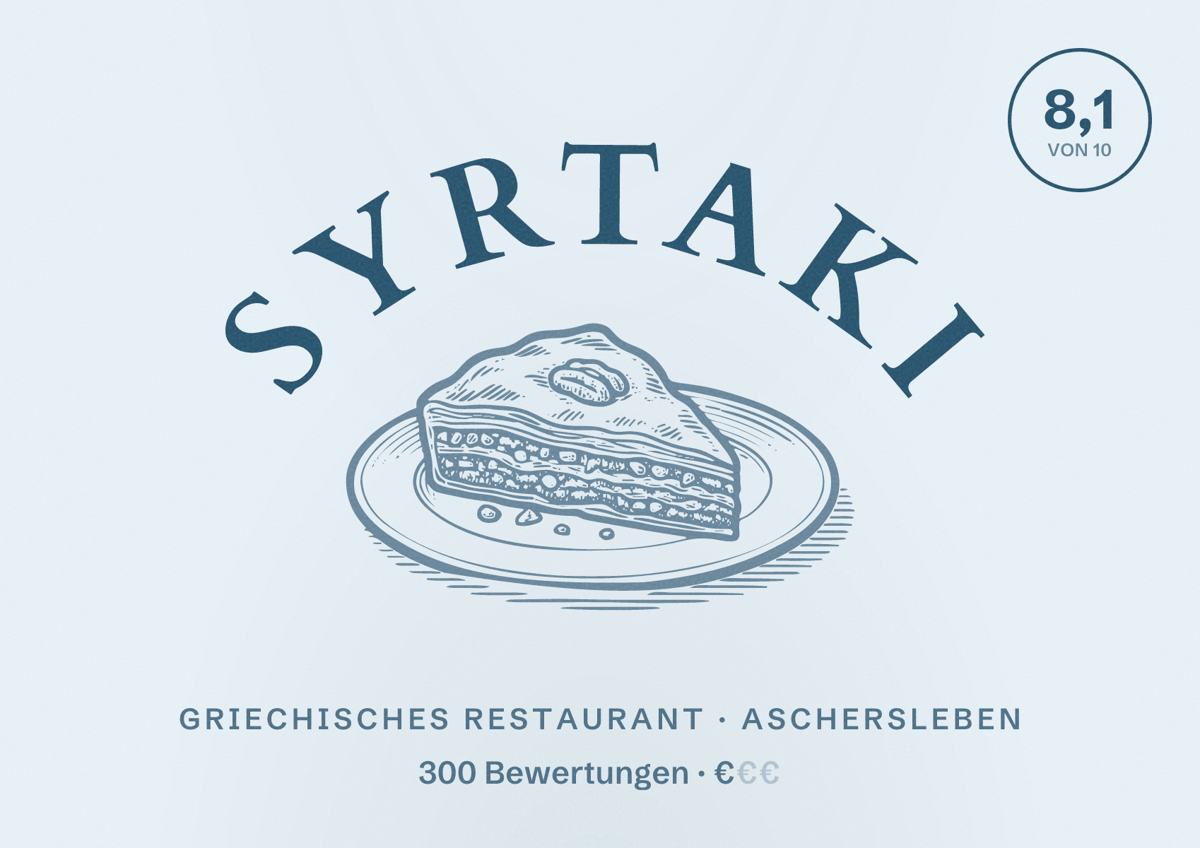 Illustriertes Poster von Syrtaki, Griechisches Restaurant in Aschersleben: Bewertung 8,1 von 10 aus 300 Bewertungen, Preisniveau €