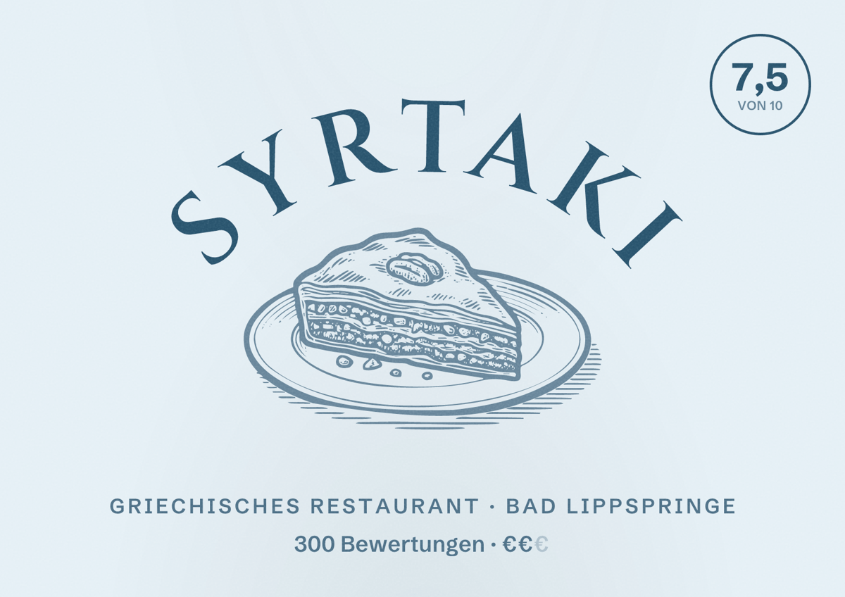 Illustriertes Poster von Syrtaki, Griechisches Restaurant in Bad Lippspringe: Bewertung 7,5 von 10 aus 300 Bewertungen, Preisniveau €€