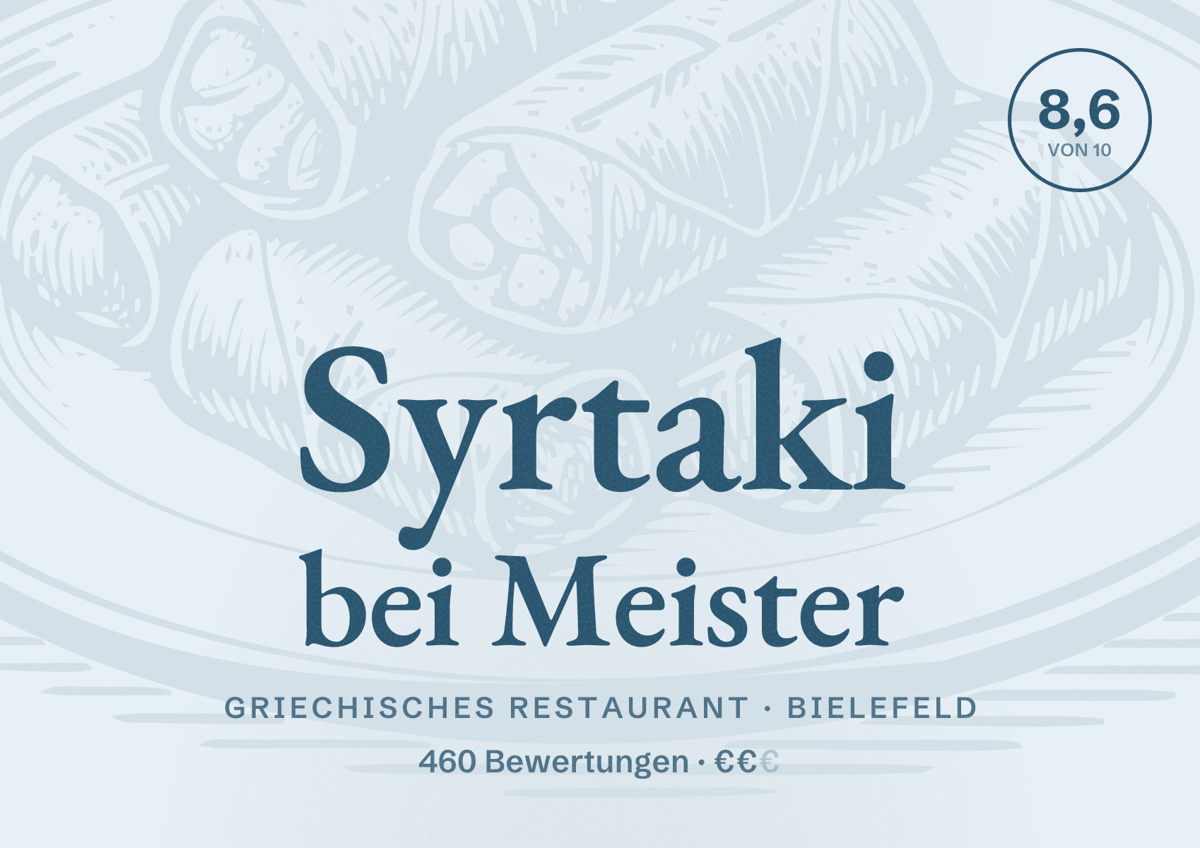 Illustriertes Poster von Syrtaki bei Meister, Griechisches Restaurant in Bielefeld: Bewertung 8,6 von 10 aus 460 Bewertungen, Preisniveau €€
