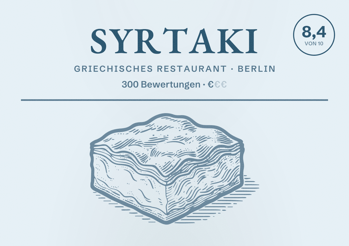 Illustriertes Poster von Syrtaki, Griechisches Restaurant in Berlin: Bewertung 8,4 von 10 aus 300 Bewertungen, Preisniveau €