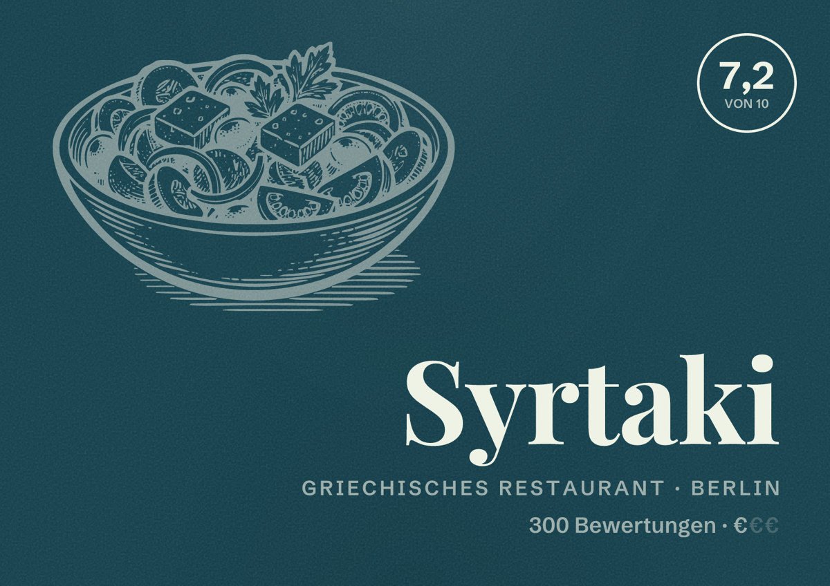 Illustriertes Poster von Syrtaki, Griechisches Restaurant in Berlin: Bewertung 7,2 von 10 aus 300 Bewertungen, Preisniveau €