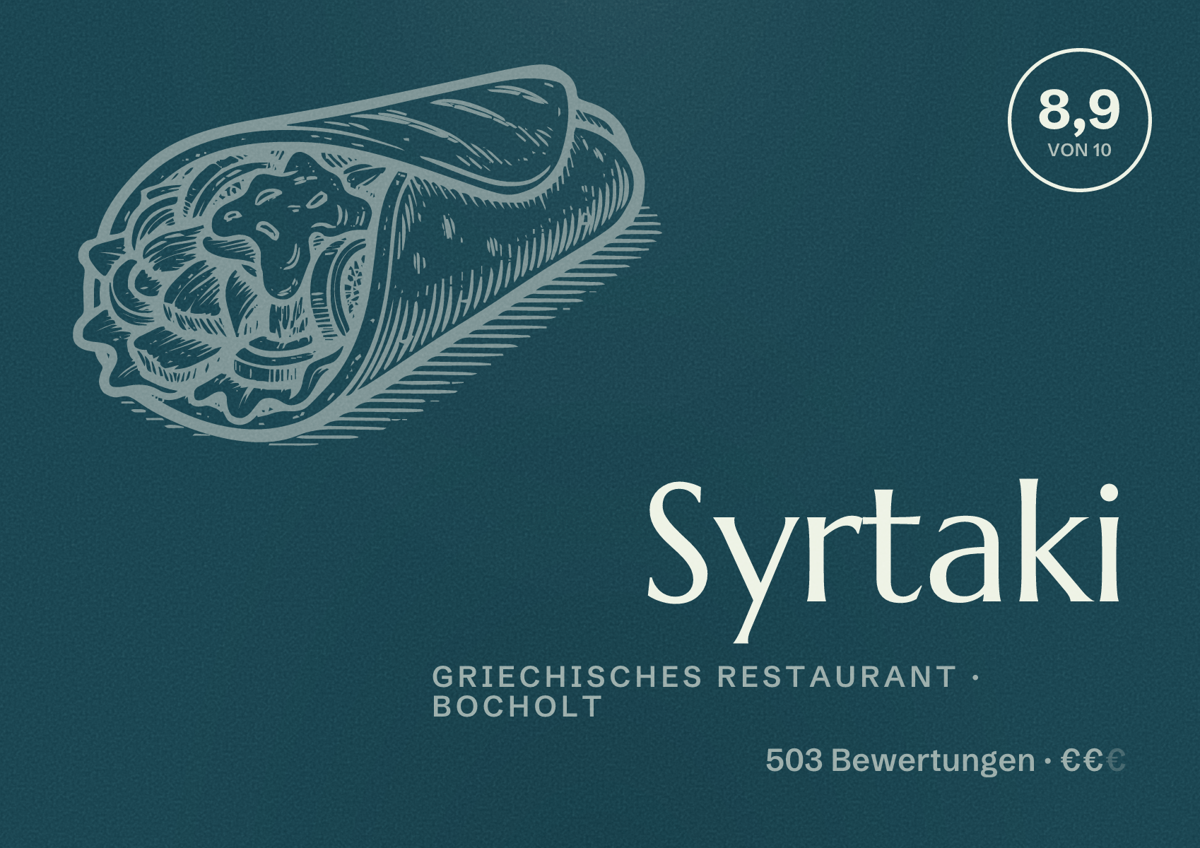 Illustriertes Poster von Syrtaki, Griechisches Restaurant in Bocholt: Gästebewertung 8,9 von 10 aus 503 Bewertungen