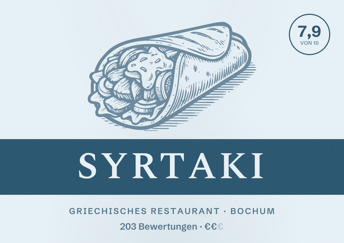 Illustriertes Poster von SYRTAKI, Griechisches Restaurant in Bochum: Bewertung 7,9 von 10 aus 203 Bewertungen, Preisniveau €€