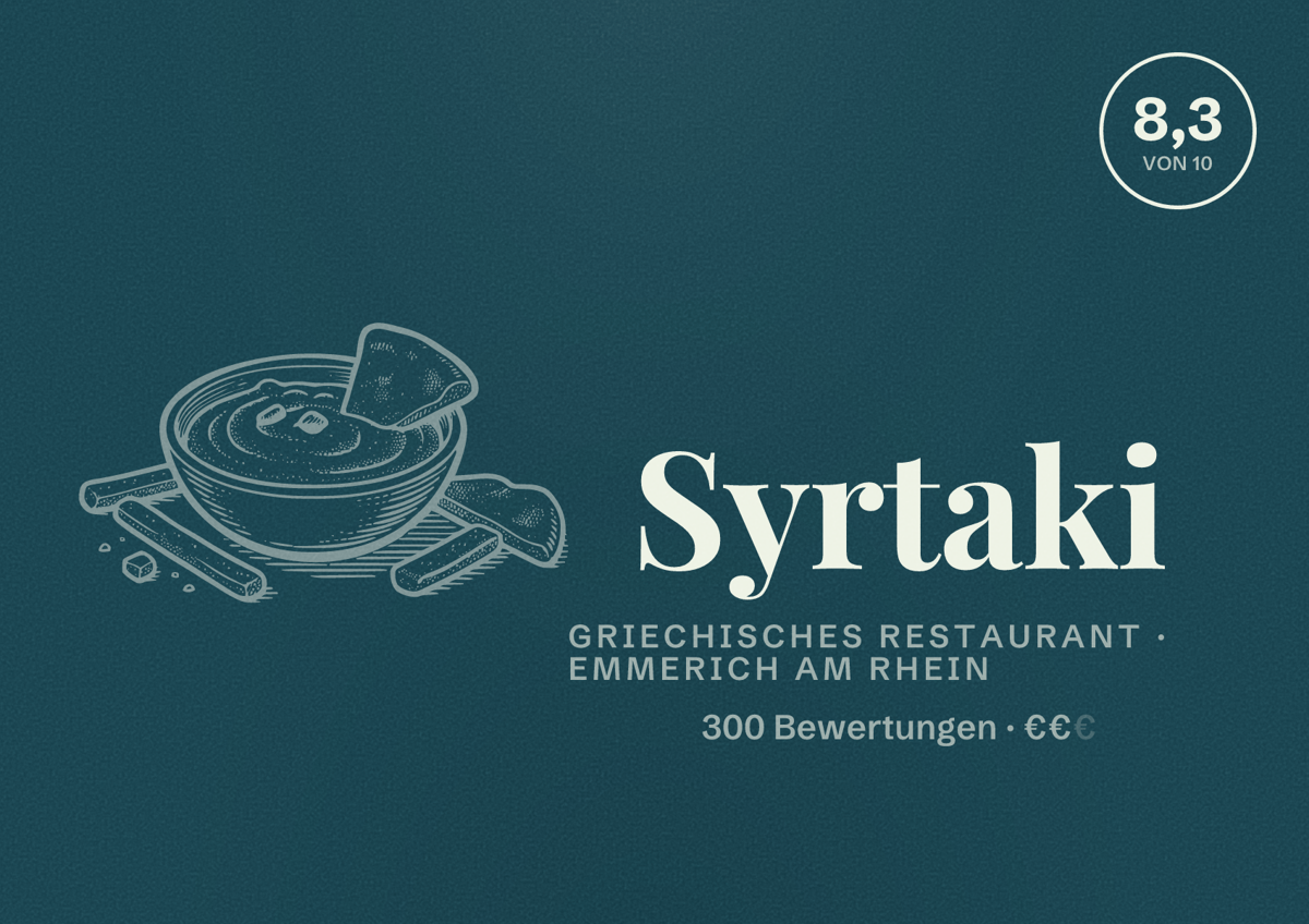 Illustriertes Poster von Syrtaki, Griechisches Restaurant in Emmerich am Rhein: Bewertung 8,3 von 10 aus 300 Bewertungen, Preisniveau €€