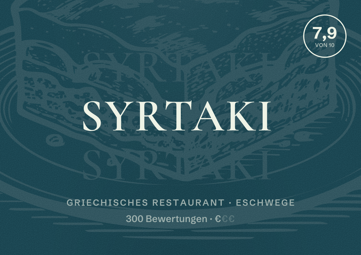 Illustriertes Poster von Syrtaki, Griechisches Restaurant in Eschwege: Bewertung 7,9 von 10 aus 300 Bewertungen, Preisniveau €