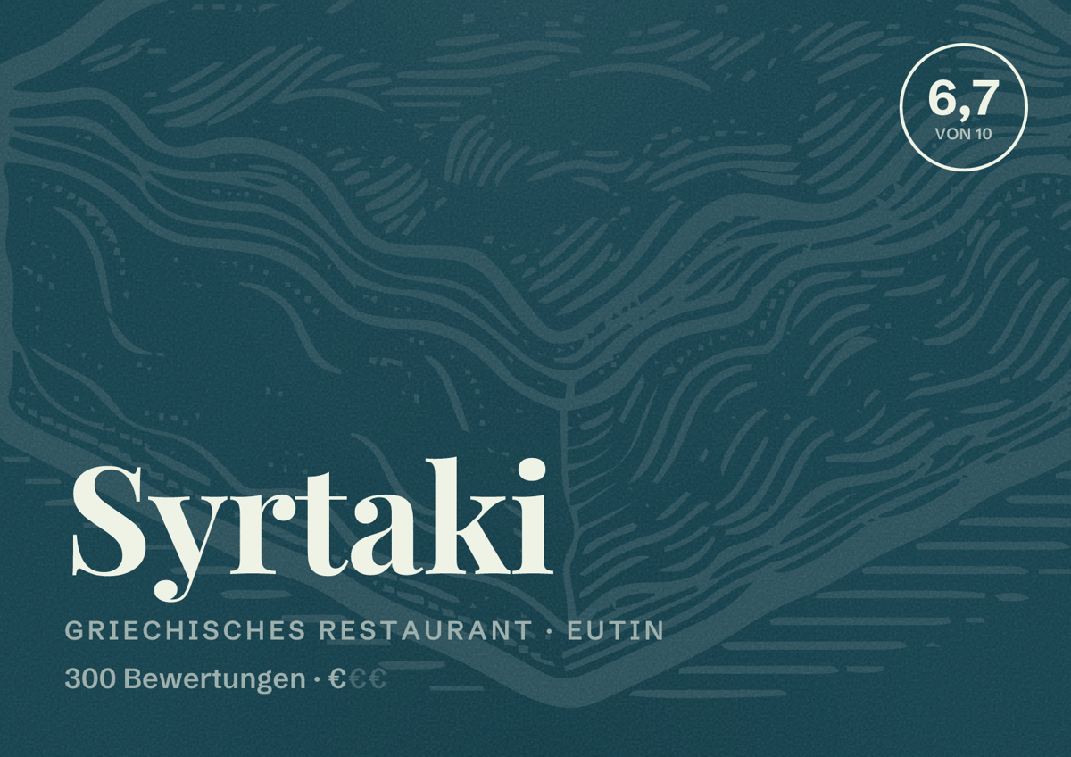 Illustriertes Poster von Syrtaki, Griechisches Restaurant in Eutin: Bewertung 6,7 von 10 aus 300 Bewertungen, Preisniveau €