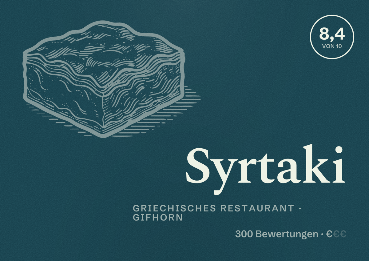 Illustriertes Poster von Syrtaki, Griechisches Restaurant in Gifhorn: Bewertung 8,4 von 10 aus 300 Bewertungen, Preisniveau €