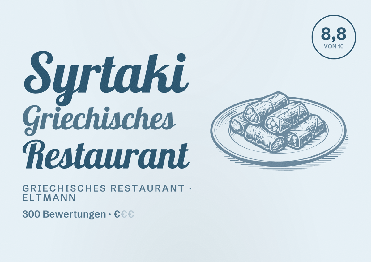 Illustriertes Poster von Syrtaki Griechisches Restaurant, Griechisches Restaurant in Eltmann: Bewertung 8,8 von 10 aus 300 Bewertungen, Preisniveau €