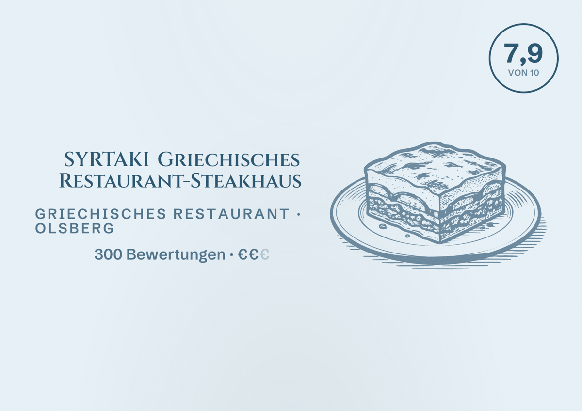 Illustriertes Poster von SYRTAKI Griechisches Restaurant-Steakhaus, Griechisches Restaurant in Olsberg: Bewertung 7,9 von 10 aus 300 Bewertungen, Preisniveau €€