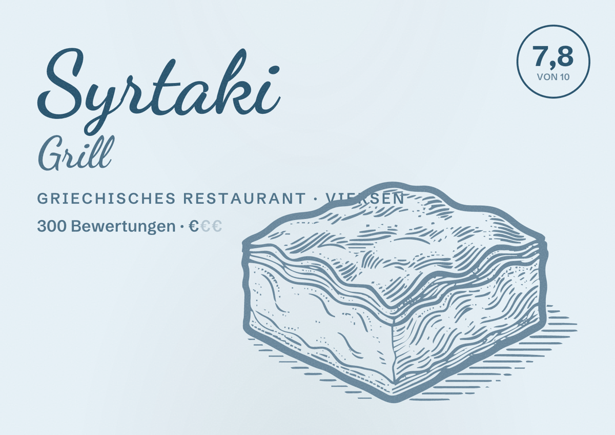 Illustriertes Poster von Syrtaki Grill, Griechisches Restaurant in Viersen: Bewertung 7,8 von 10 aus 300 Bewertungen, Preisniveau €