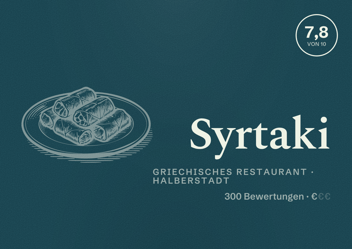 Illustriertes Poster von Syrtaki, Griechisches Restaurant in Halberstadt: Bewertung 7,8 von 10 aus 300 Bewertungen, Preisniveau €