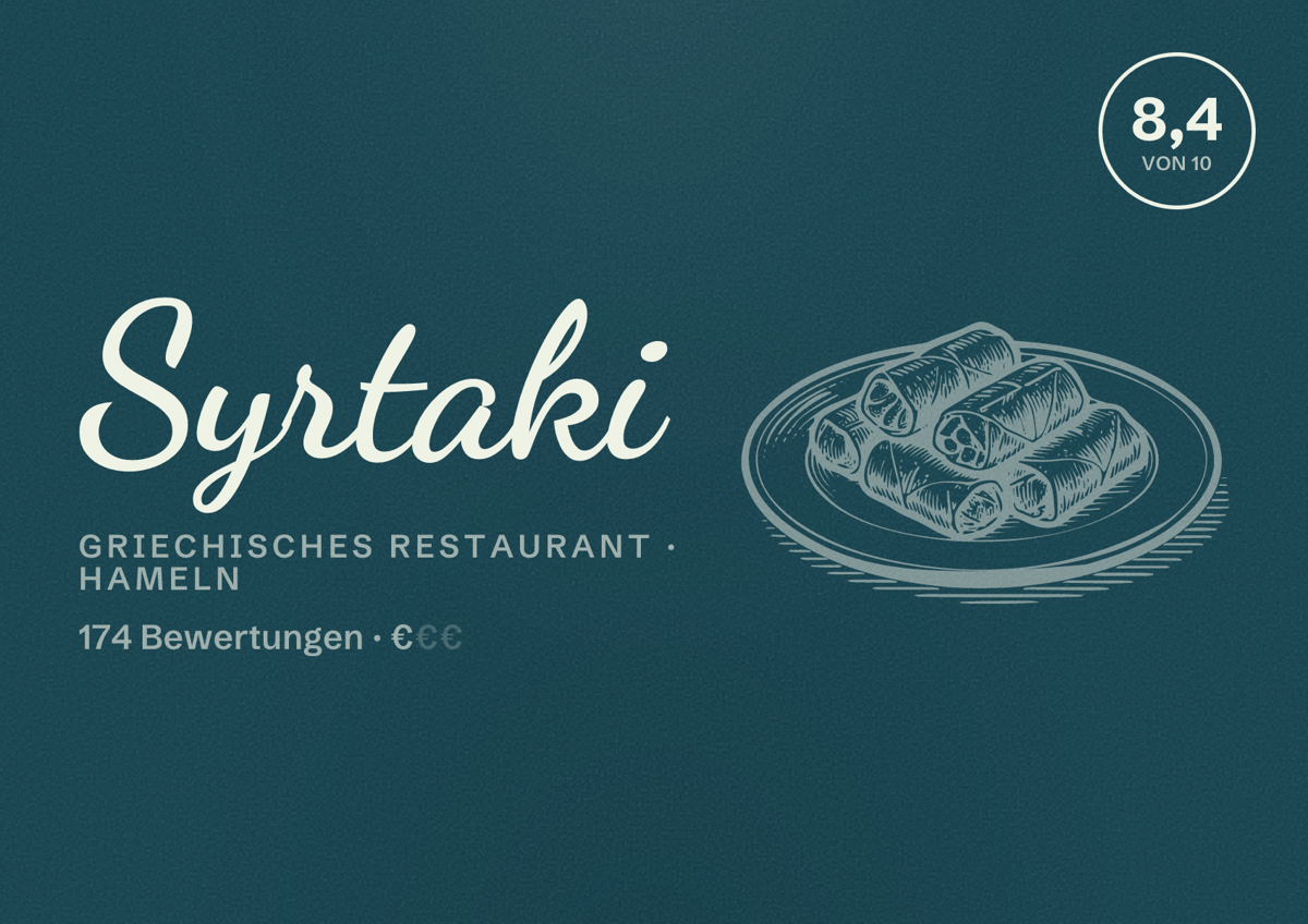 Illustriertes Poster von Syrtaki, Griechisches Restaurant in Hameln: Bewertung 8,4 von 10 aus 174 Bewertungen, Preisniveau €