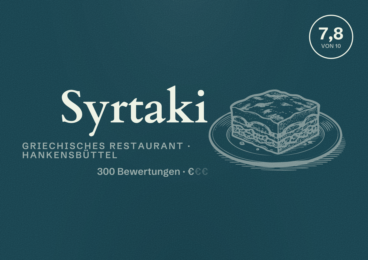 Illustriertes Poster von Syrtaki, Griechisches Restaurant in Hankensbüttel: Bewertung 7,8 von 10 aus 300 Bewertungen, Preisniveau €