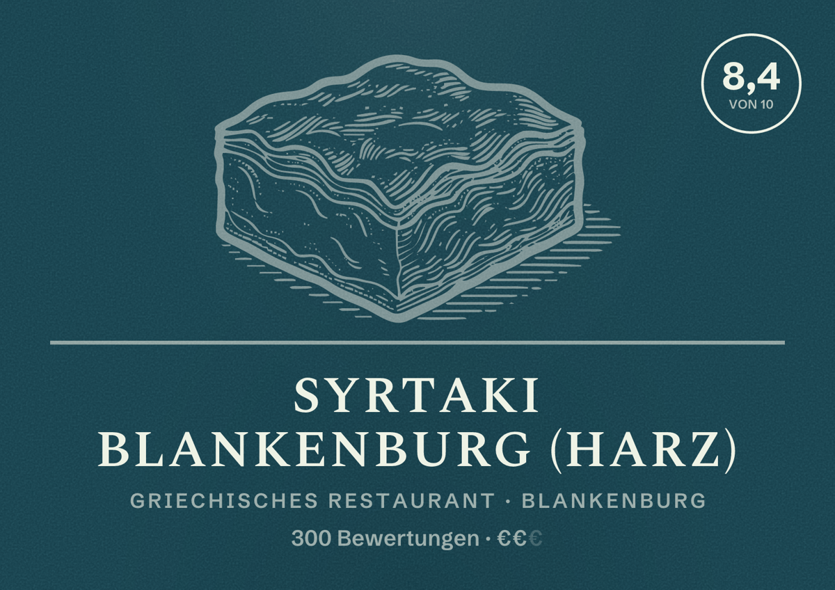 Illustriertes Poster von Syrtaki Blankenburg (Harz), Griechisches Restaurant in Blankenburg: Bewertung 8,4 von 10 aus 300 Bewertungen, Preisniveau €€