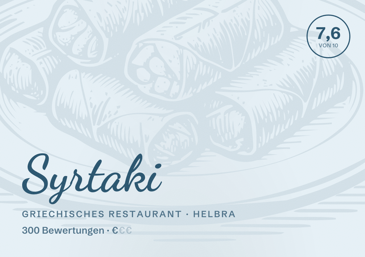 Illustriertes Poster von Syrtaki, Griechisches Restaurant in Helbra: Bewertung 7,6 von 10 aus 300 Bewertungen, Preisniveau €