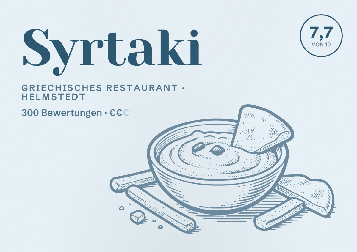Illustriertes Poster von Syrtaki, Griechisches Restaurant in Helmstedt: Bewertung 7,7 von 10 aus 300 Bewertungen, Preisniveau €€