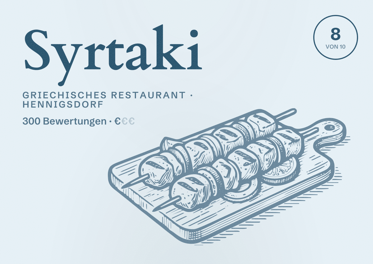 Illustriertes Poster von Syrtaki, Griechisches Restaurant in Hennigsdorf: Bewertung 8 von 10 aus 300 Bewertungen, Preisniveau €