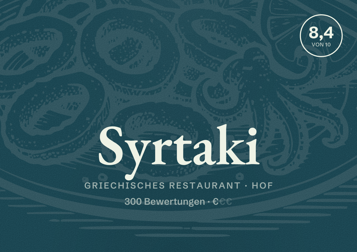 Illustriertes Poster von Syrtaki, Griechisches Restaurant in Hof: Bewertung 8,4 von 10 aus 300 Bewertungen, Preisniveau €