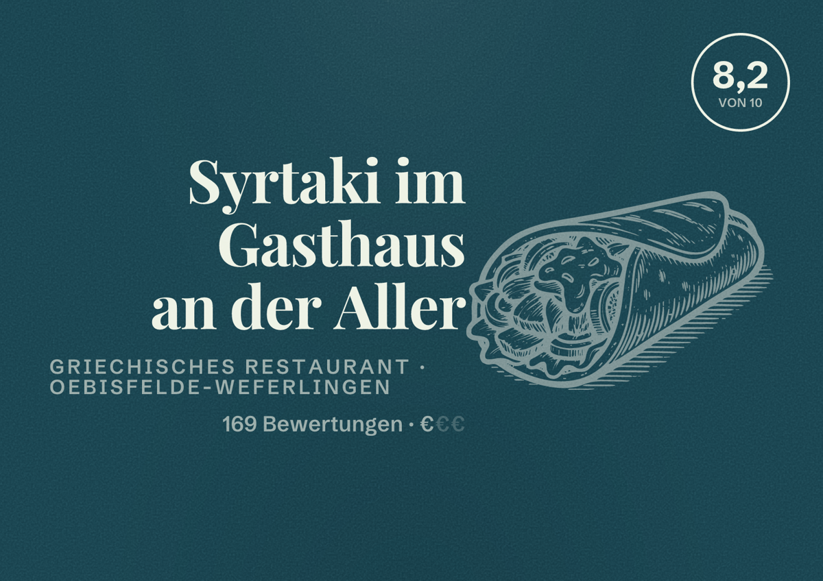 Illustriertes Poster von Syrtaki im Gasthaus an der Aller, Griechisches Restaurant in Oebisfelde-Weferlingen: Bewertung 8,2 von 10 aus 169 Bewertungen, Preisniveau €