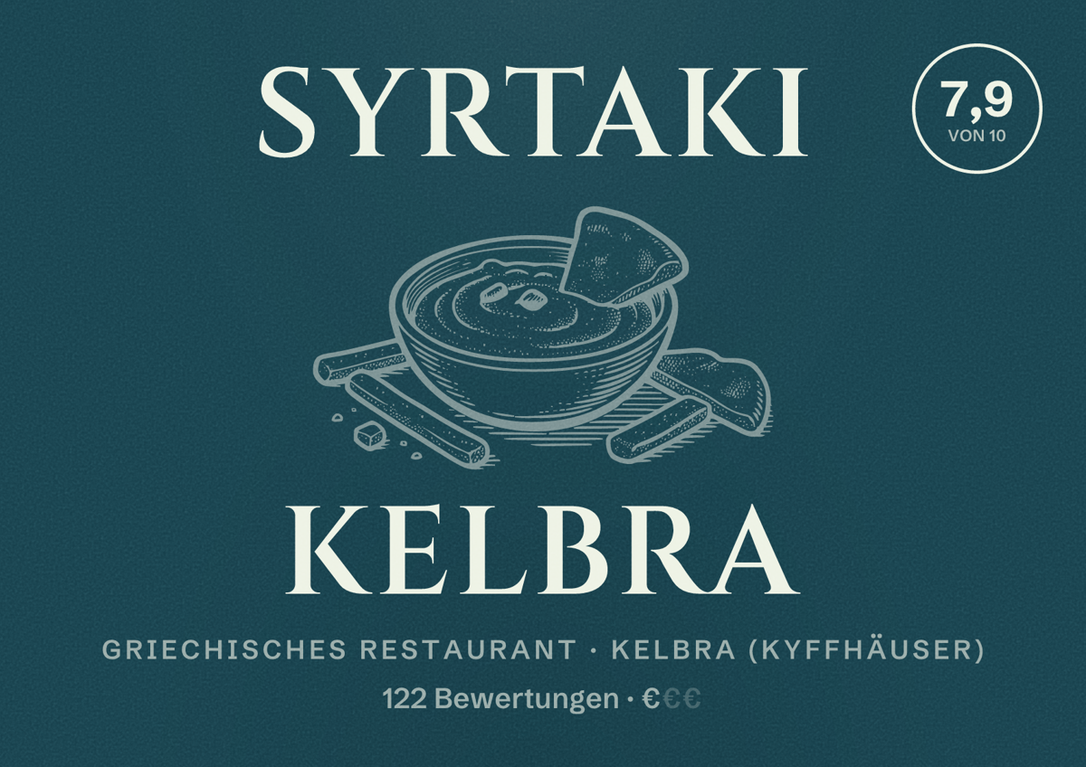 Illustriertes Poster von Syrtaki Kelbra, Griechisches Restaurant in Kelbra (Kyffhäuser): Bewertung 7,9 von 10 aus 122 Bewertungen, Preisniveau €