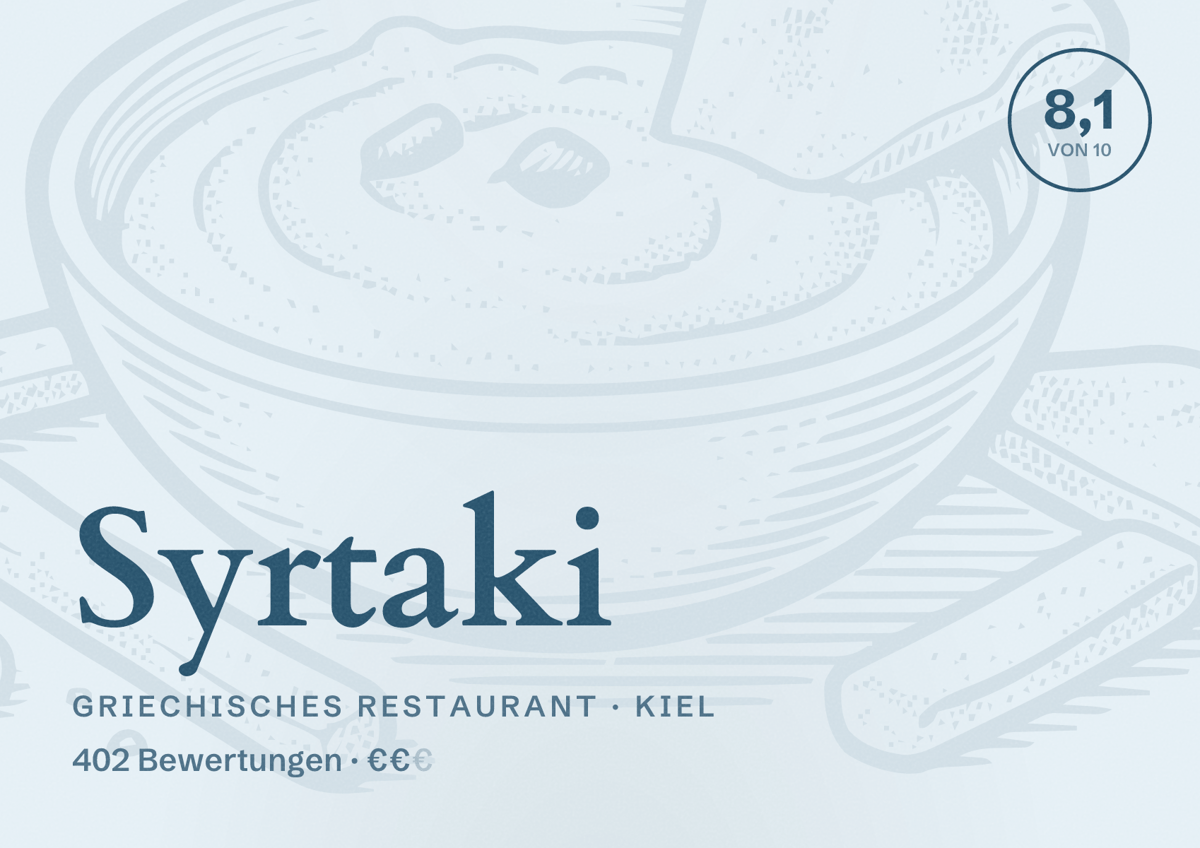 Illustriertes Poster von Syrtaki, Griechisches Restaurant in Kiel: Gästebewertung 8,1 von 10 aus 402 Bewertungen