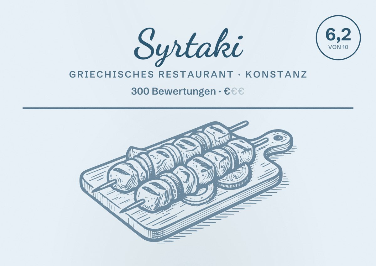 Illustriertes Poster von Syrtaki, Griechisches Restaurant in Konstanz: Bewertung 6,2 von 10 aus 300 Bewertungen, Preisniveau €