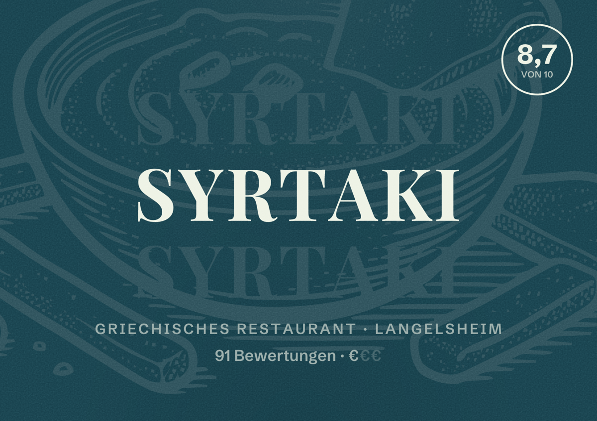 Illustriertes Poster von Syrtaki, Griechisches Restaurant in Langelsheim: Bewertung 8,7 von 10 aus 91 Bewertungen, Preisniveau €
