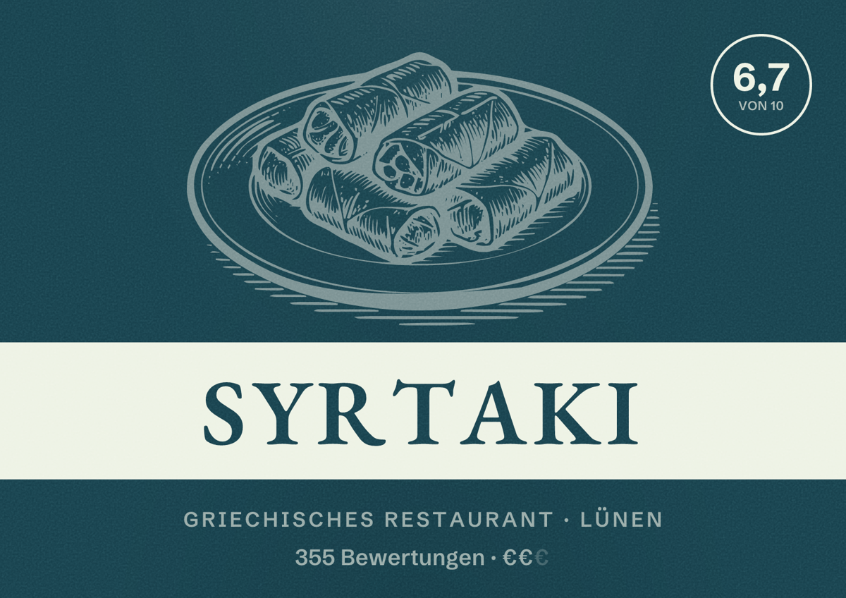Illustriertes Poster von Syrtaki, Griechisches Restaurant in Lünen: Bewertung 6,7 von 10 aus 355 Bewertungen, Preisniveau €€