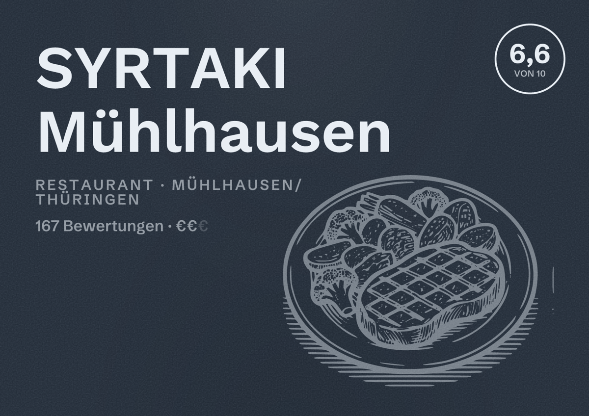 Illustriertes Poster von SYRTAKI Mühlhausen, Restaurant in Mühlhausen/Thüringen: Bewertung 6,6 von 10 aus 167 Bewertungen, Preisniveau €€