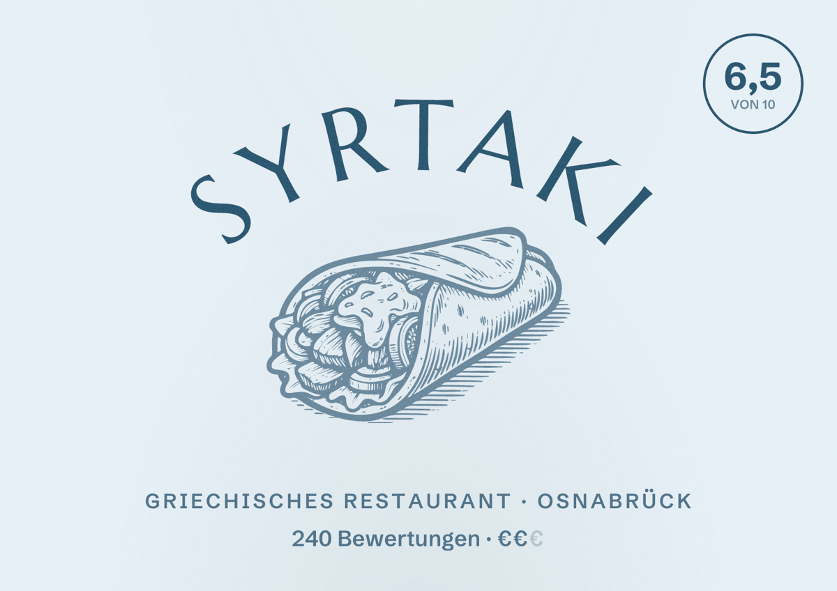 Illustriertes Poster von Syrtaki, Griechisches Restaurant in Osnabrück: Bewertung 6,5 von 10 aus 240 Bewertungen, Preisniveau €€