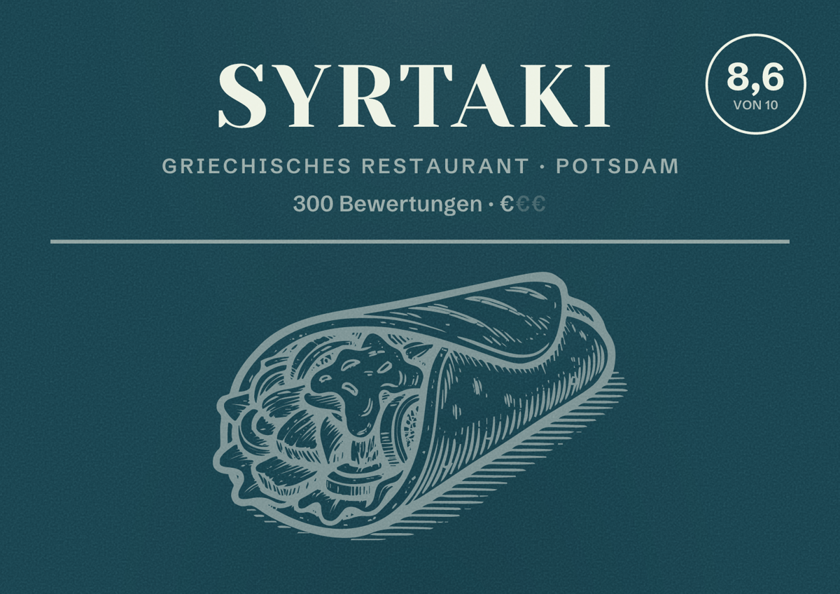 Illustriertes Poster von Syrtaki, Griechisches Restaurant in Potsdam: Bewertung 8,6 von 10 aus 300 Bewertungen, Preisniveau €