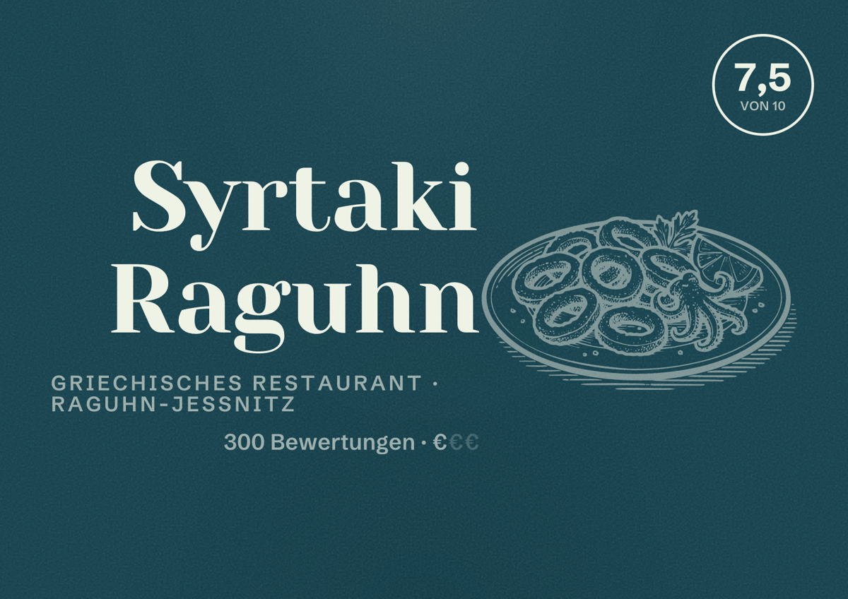 Illustriertes Poster von Syrtaki Raguhn, Griechisches Restaurant in Raguhn-Jeßnitz: Bewertung 7,5 von 10 aus 300 Bewertungen, Preisniveau €