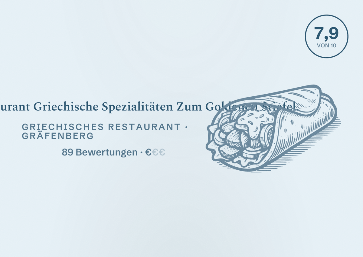 Illustriertes Poster von Syrtaki Restaurant Griechische Spezialitäten Zum Goldenen Stiefel., Griechisches Restaurant in Gräfenberg: Bewertung 7,9 von 10 aus 89 Bewertungen, Preisniveau €
