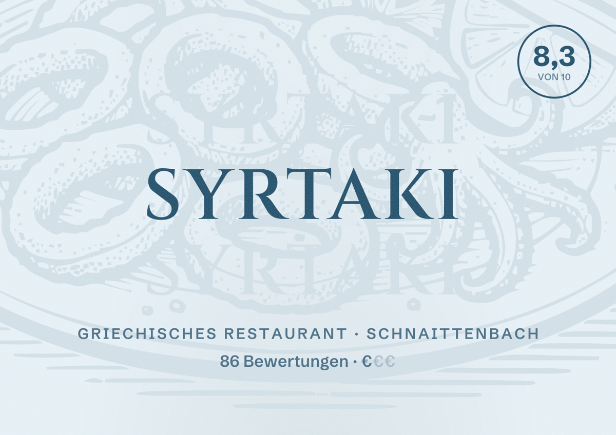 Illustriertes Poster von Syrtaki, Griechisches Restaurant in Schnaittenbach: Bewertung 8,3 von 10 aus 86 Bewertungen, Preisniveau €