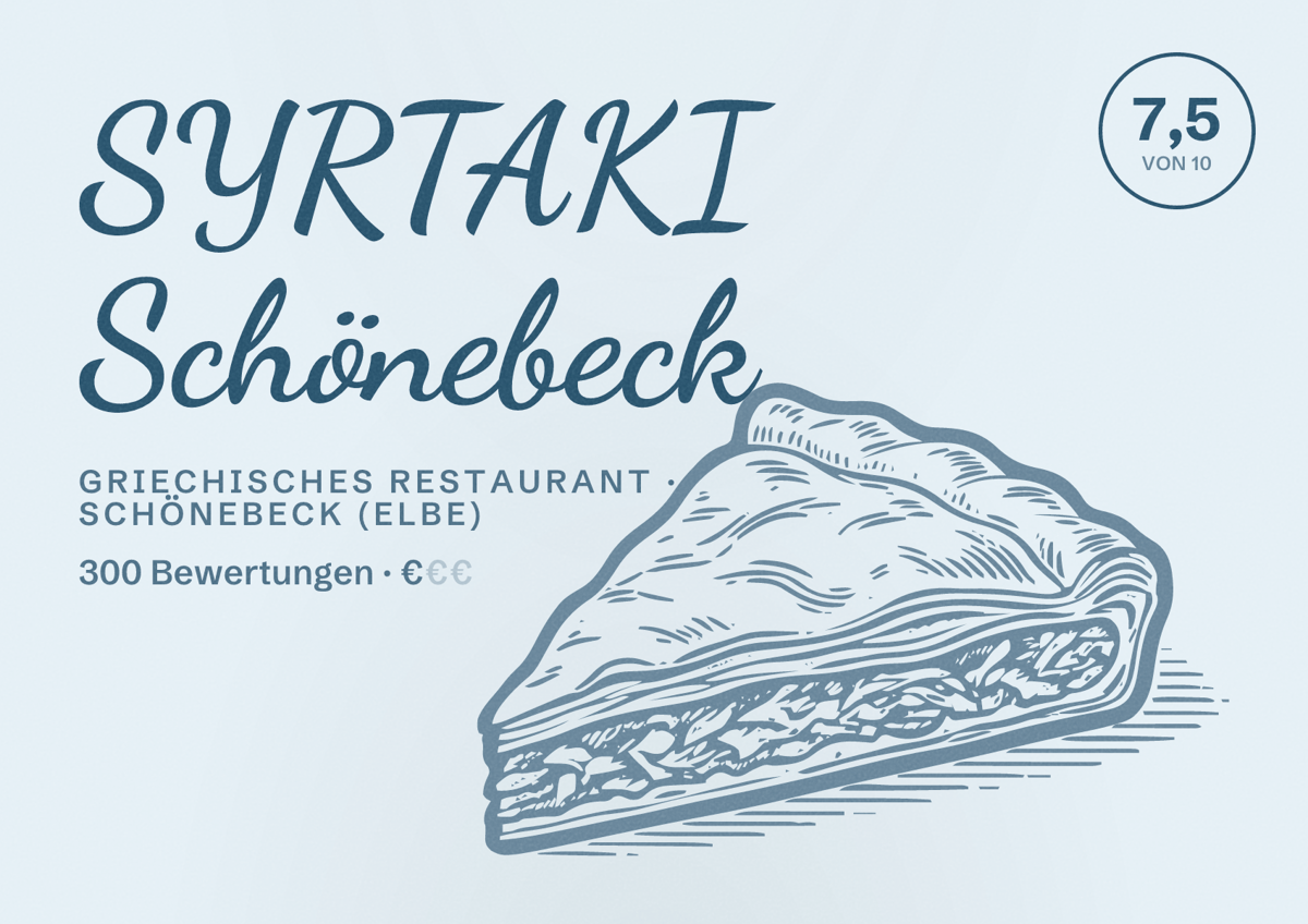 Illustriertes Poster von SYRTAKI Schönebeck, Griechisches Restaurant in Schönebeck (Elbe): Bewertung 7,5 von 10 aus 300 Bewertungen, Preisniveau €