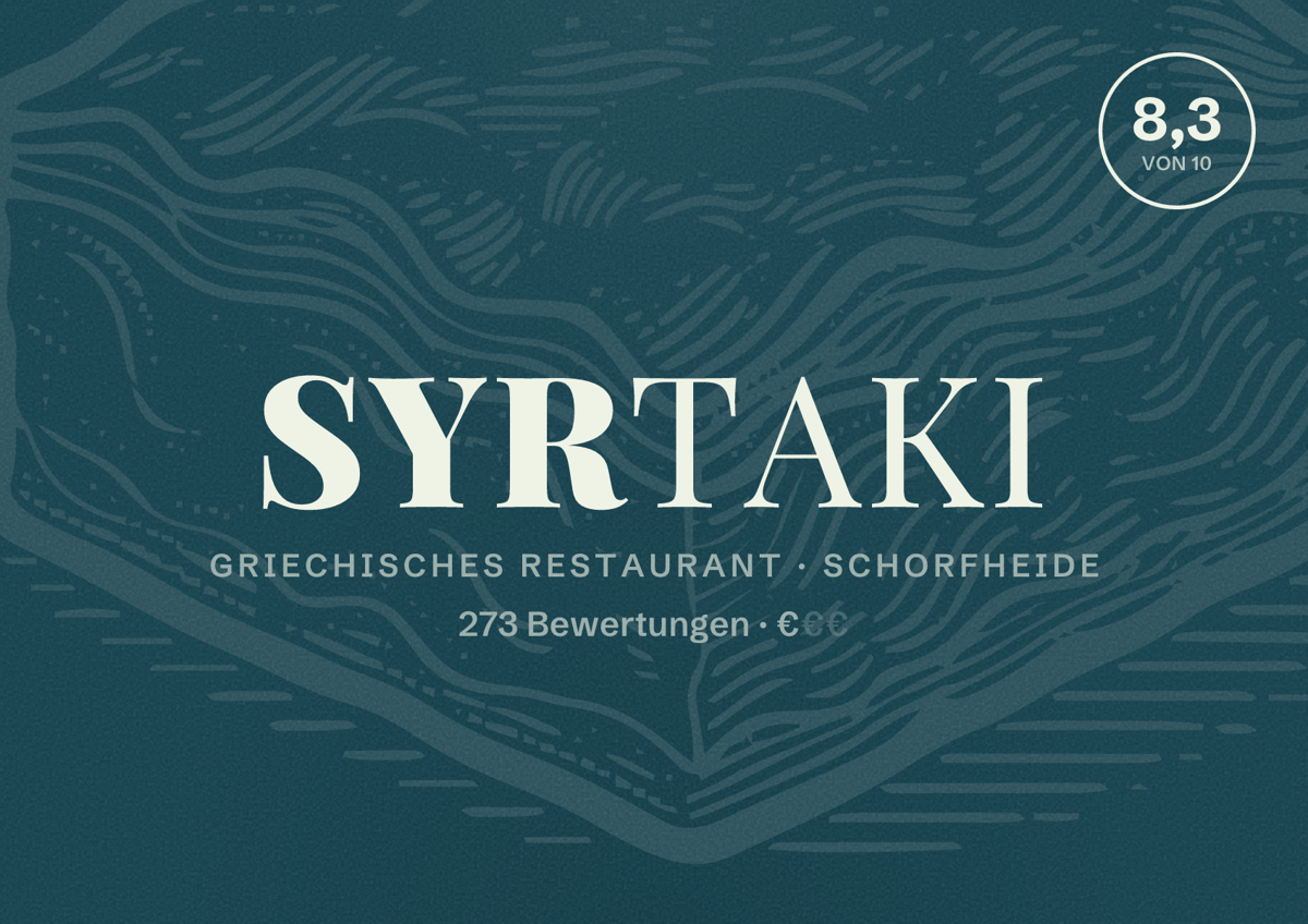 Illustriertes Poster von Syrtaki, Griechisches Restaurant in Schorfheide: Bewertung 8,3 von 10 aus 273 Bewertungen, Preisniveau €