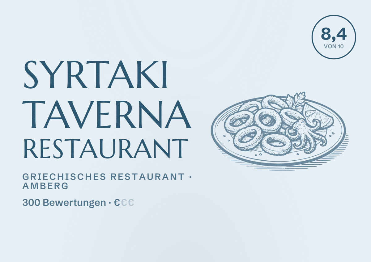 Illustriertes Poster von Syrtaki Taverna Restaurant, Griechisches Restaurant in Amberg: Bewertung 8,4 von 10 aus 300 Bewertungen, Preisniveau €